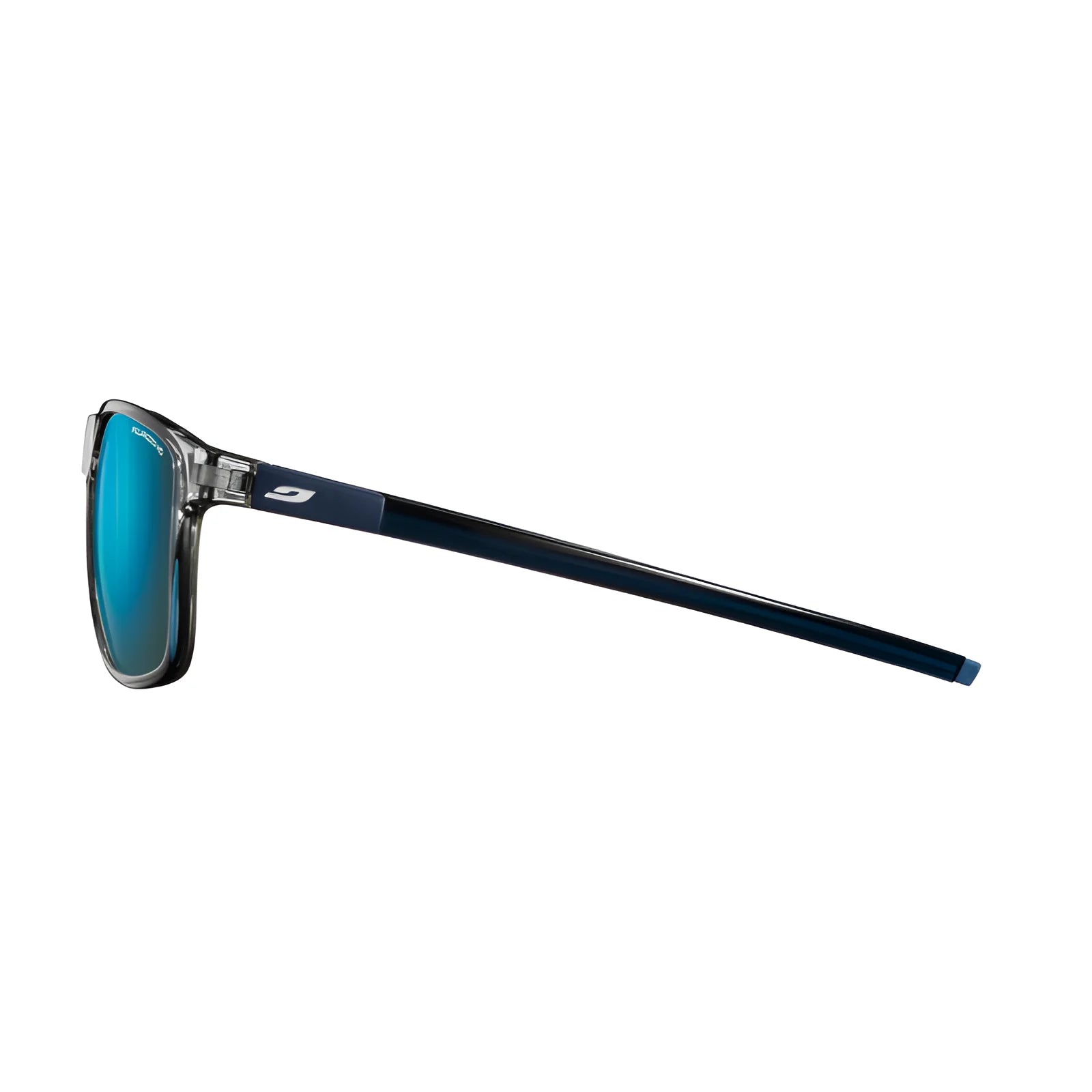 Side view of Julbo The Streets Sunglasses, featuring blue lenses, eco-friendly dark frames, and a small logo on the arm.