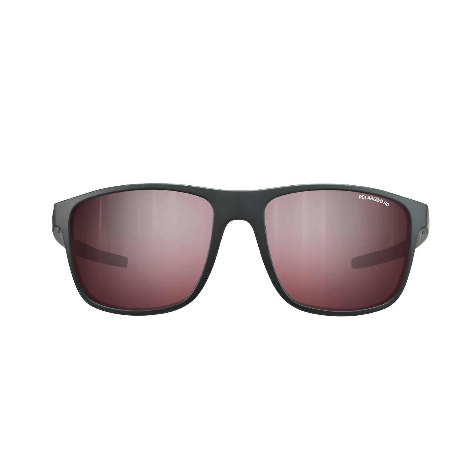 The Julbo The Streets Sunglasses | Size 57 have ergonomic black rectangular frames and dark red polarized lenses, crafted from eco-friendly materials.