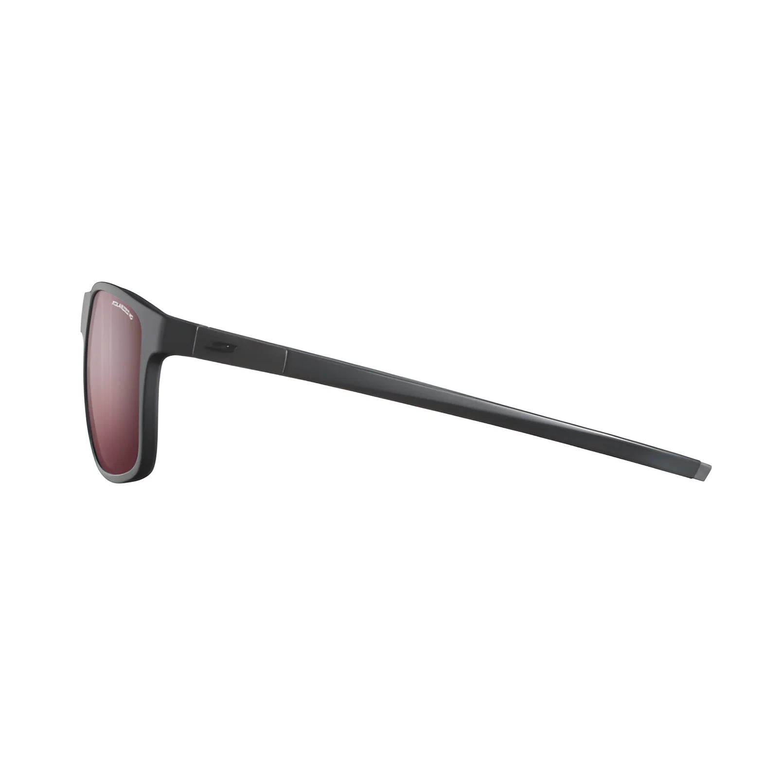 Side view of Julbo The Streets Sunglasses, featuring a black rim, eco-friendly design, dark tinted lenses, and ergonomic frame on a white background.