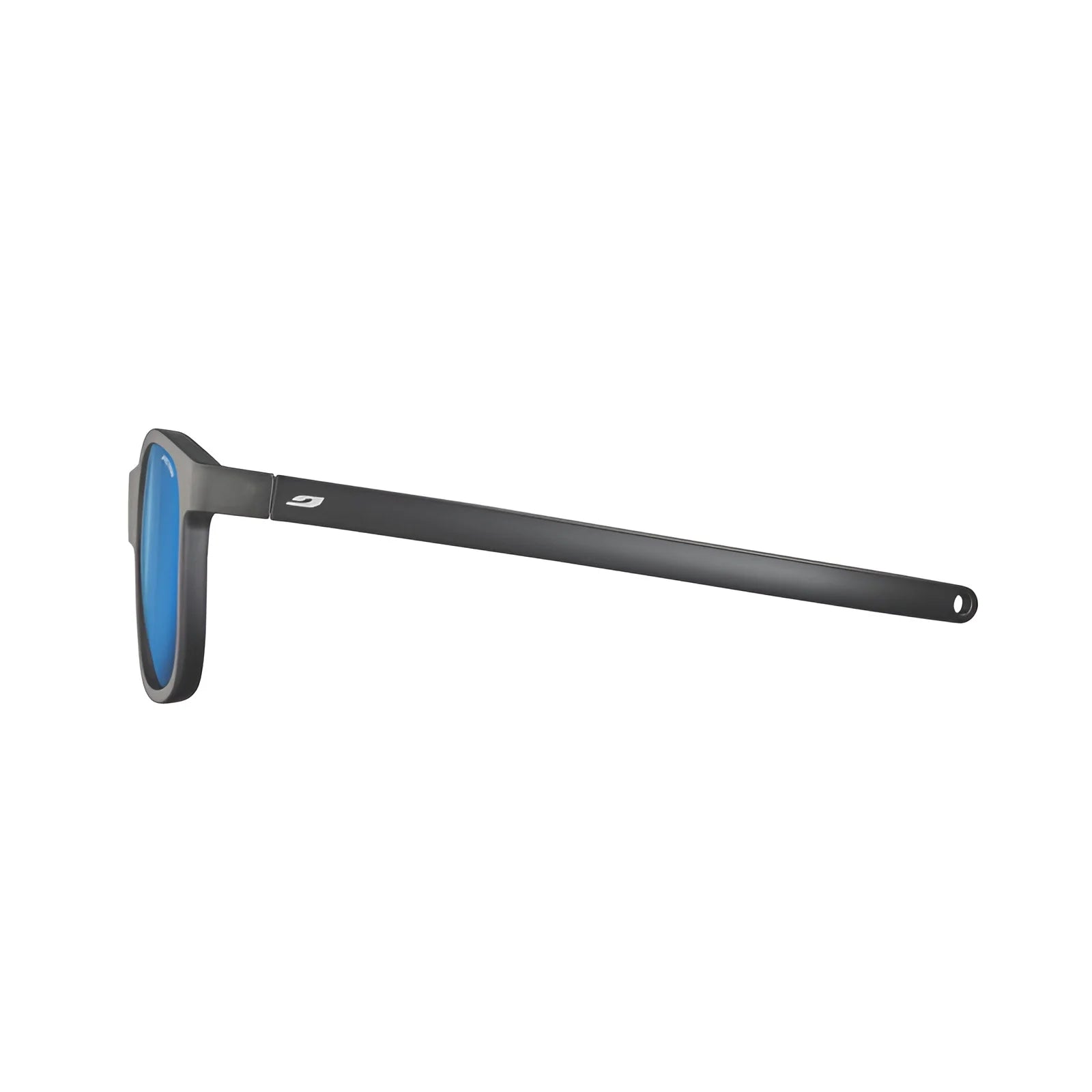 The Julbo Turn 2 Sunglasses (Size 45) are black-framed with blue lenses, viewed from the side on a white background. They offer UV protection and have an ergonomic design.