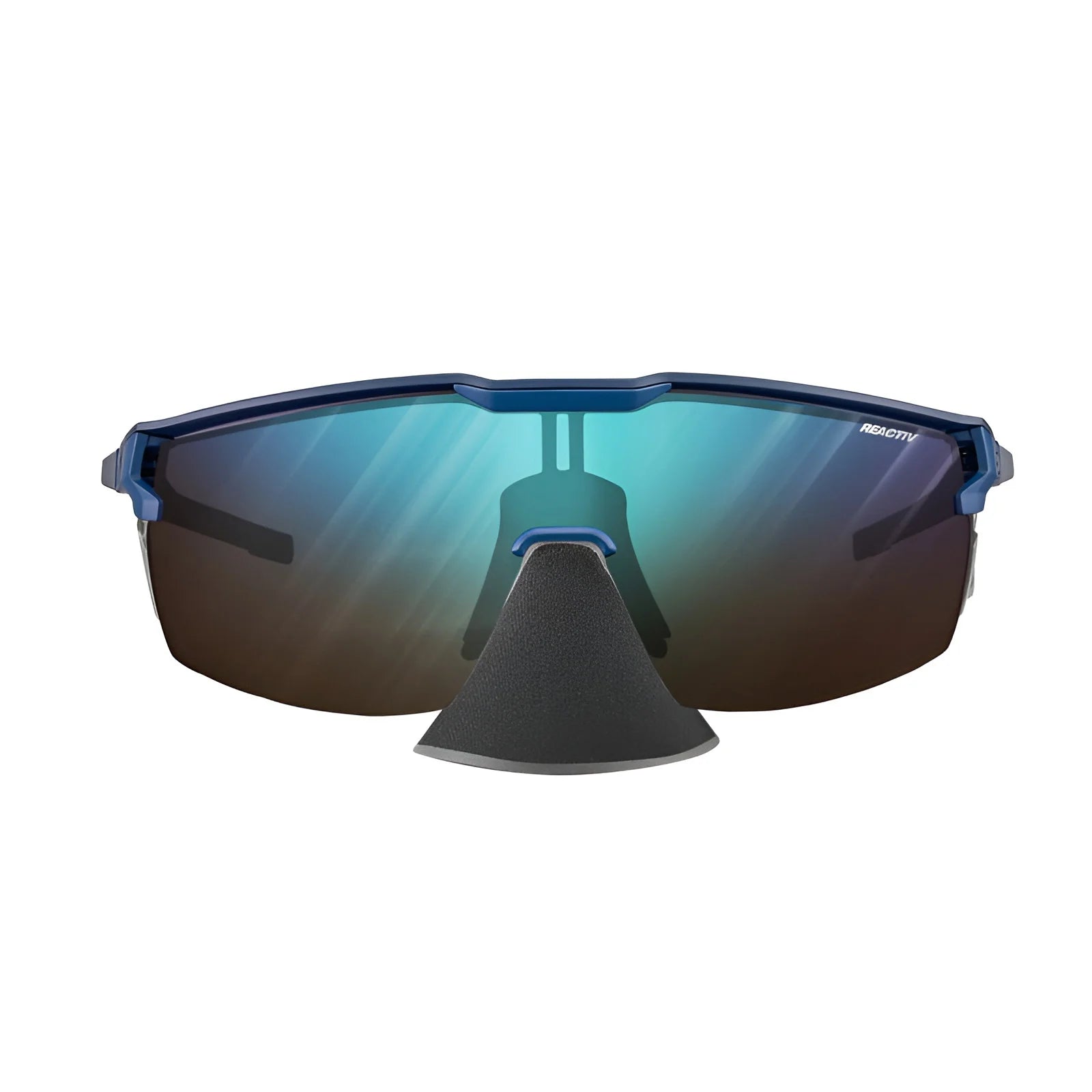 The Julbo Ultimate Cover Sunglasses by Julbo are blue and black sport sunglasses with a panoramic lens, reflective surfaces, and a detached nose piece, ideal for mountain eyewear enthusiasts.