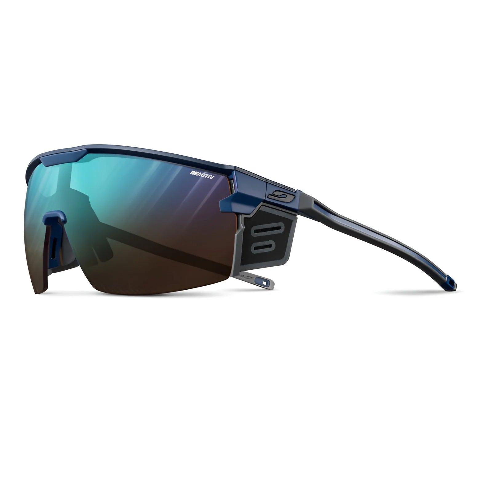 The Julbo Ultimate Cover Sunglasses feature a stylish blue, futuristic design with dark lenses on a white background, perfect for mountain enthusiasts.