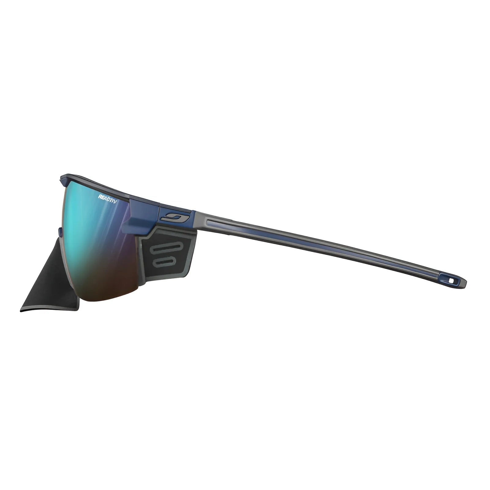 Side view of Julbo Ultimate Cover Sunglasses with blue-green reflective panoramic lenses and black side shields, perfect for mountain adventures.