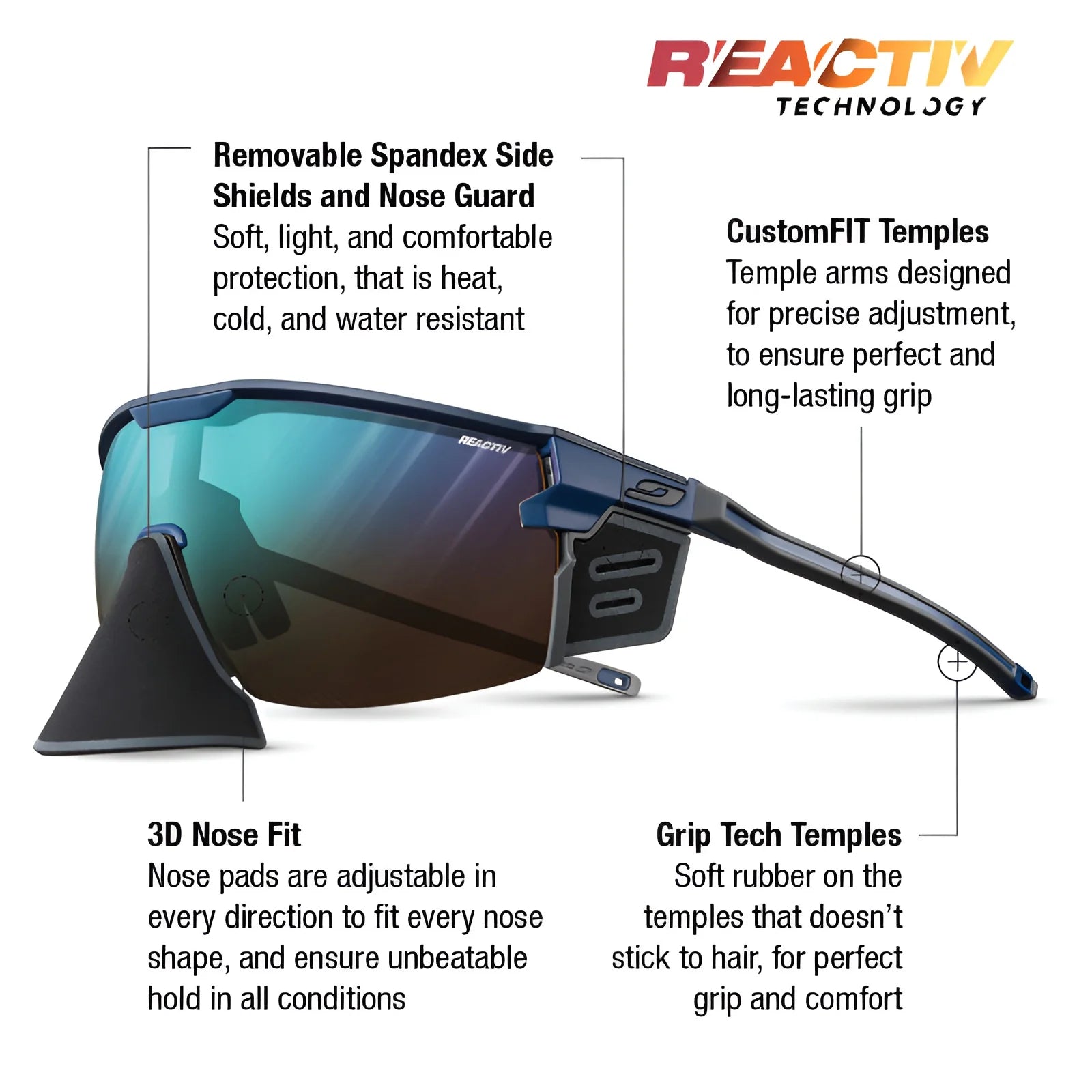 Julbo Ultimate Cover Sunglasses offer removable side shields, adjustable temples, and customizable nose pads for exceptional comfort and protection. Ideal for mountain activities like hiking or skiing, they keep your vision clear.