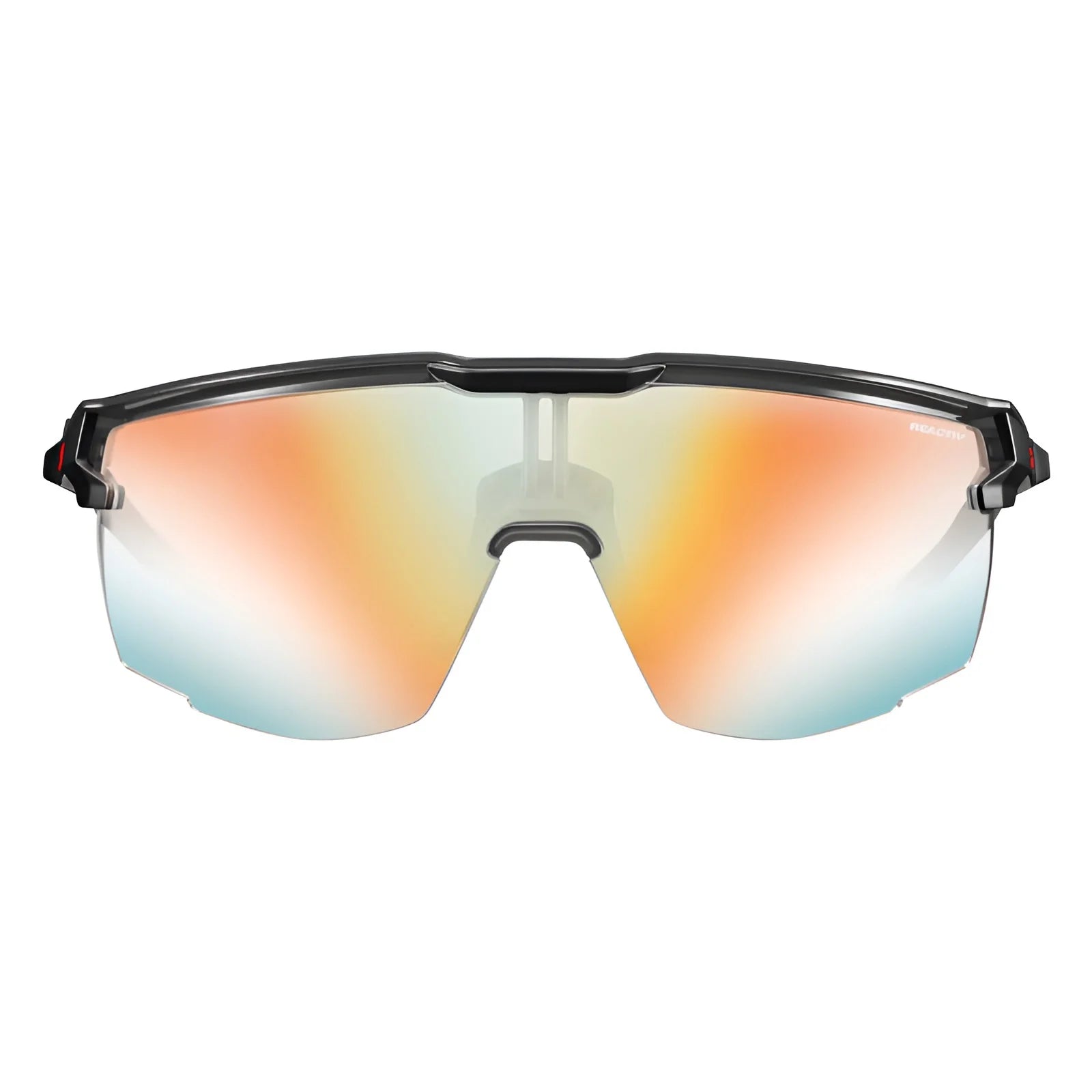 The Julbo Ultimate Sunglasses, by Julbo, feature a sleek black frame with orange-blue gradient panoramic lenses for a secure fit. Designed for sports, they provide ultimate freedom while ensuring you stay focused and stylish on every adventure.