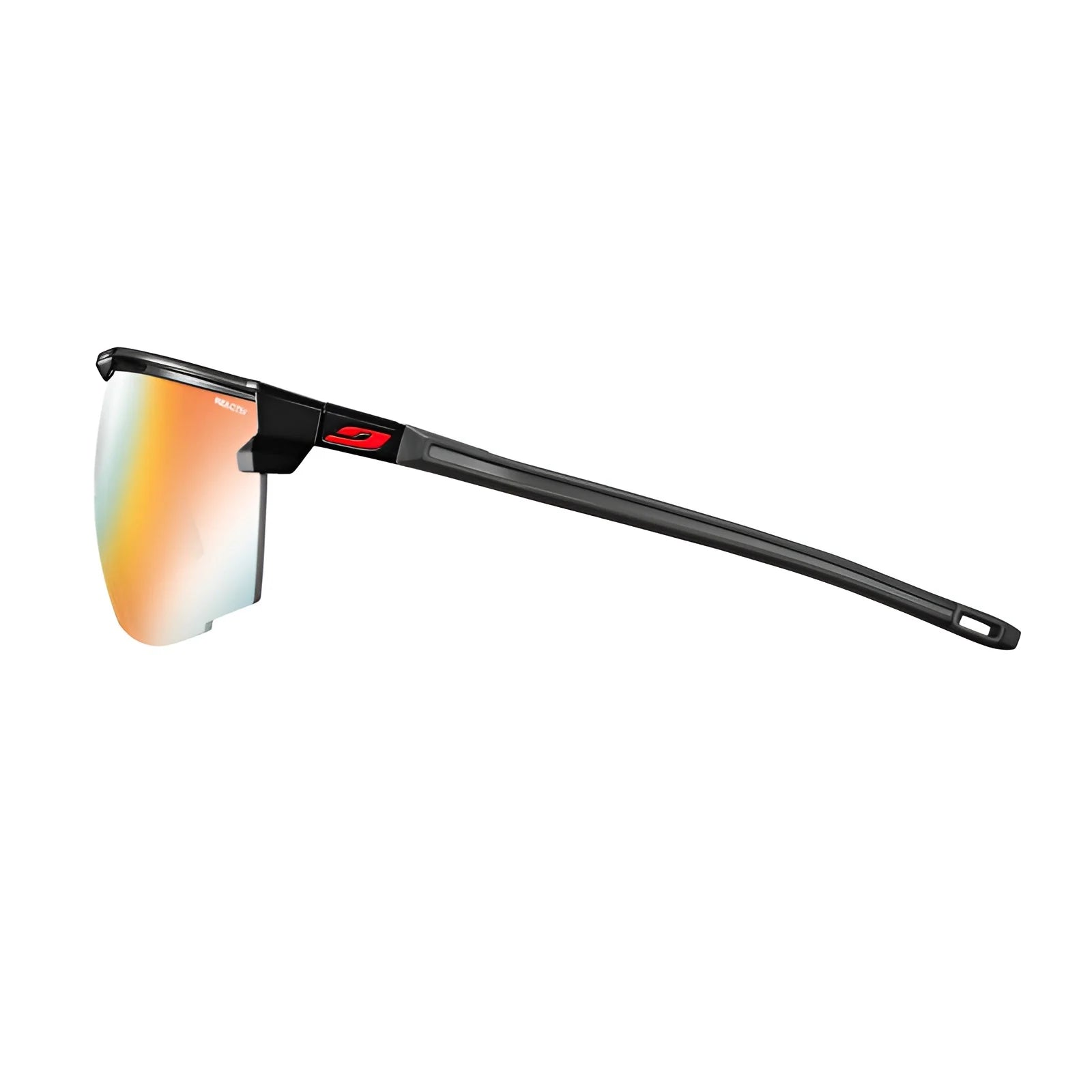 The Julbo Ultimate Sunglasses by Julbo feature a black frame with a red logo on the arm and orange-tinted, panoramic lenses. Designed for sports enthusiasts, they ensure a secure fit for any adventure.