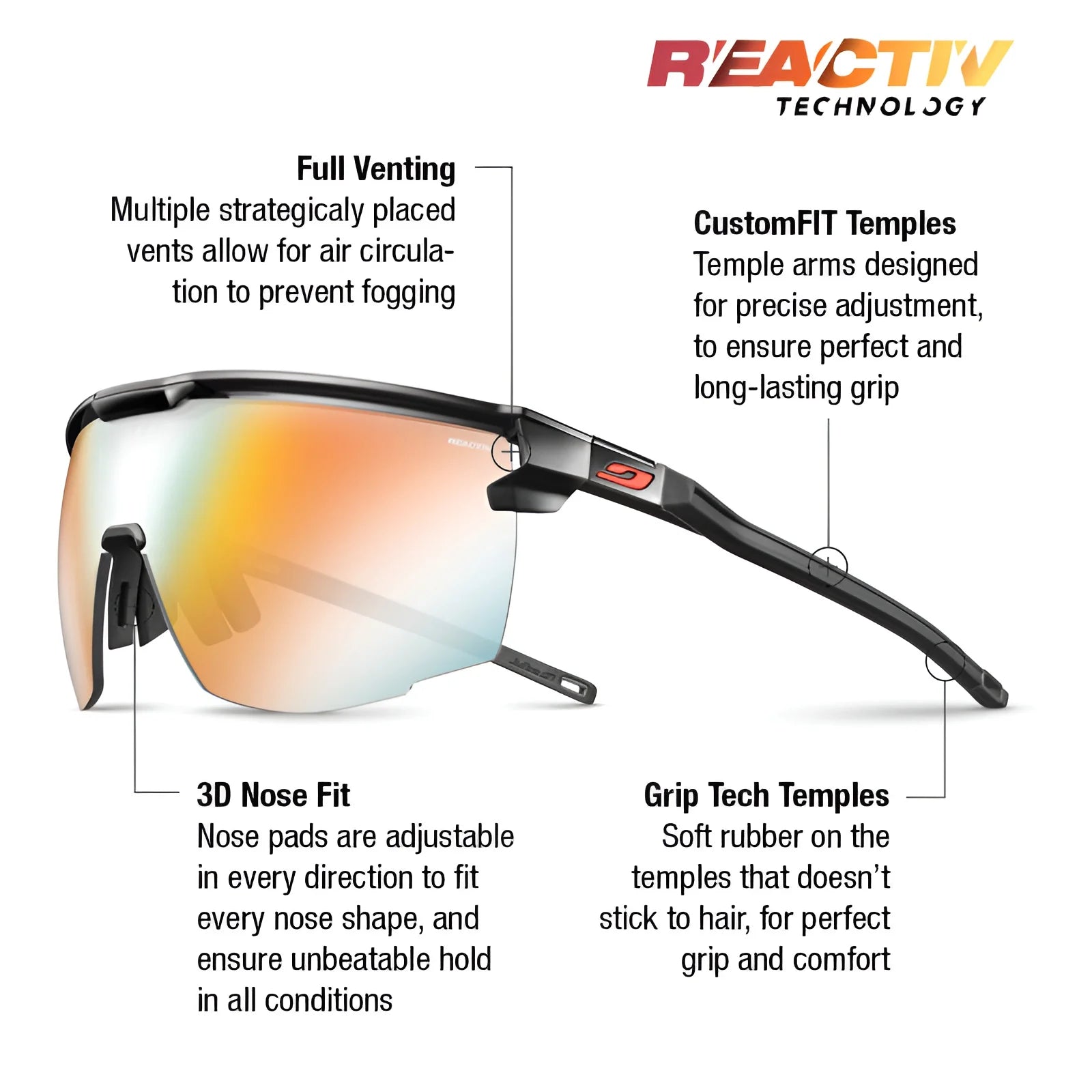Experience the freedom of sport with Julbo Ultimate Sunglasses. Designed by Julbo for a secure fit, they feature full venting, adjustable 3D nose fit, CustomFIT temples, Grip Tech temples, and a panoramic lens for an unbeatable viewing experience.