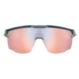 The Julbo Ultimate Sunglasses by Julbo offer a sleek, wraparound design with reflective orange-tinted lenses, providing athletes with ultimate freedom through panoramic vision and a secure fit.