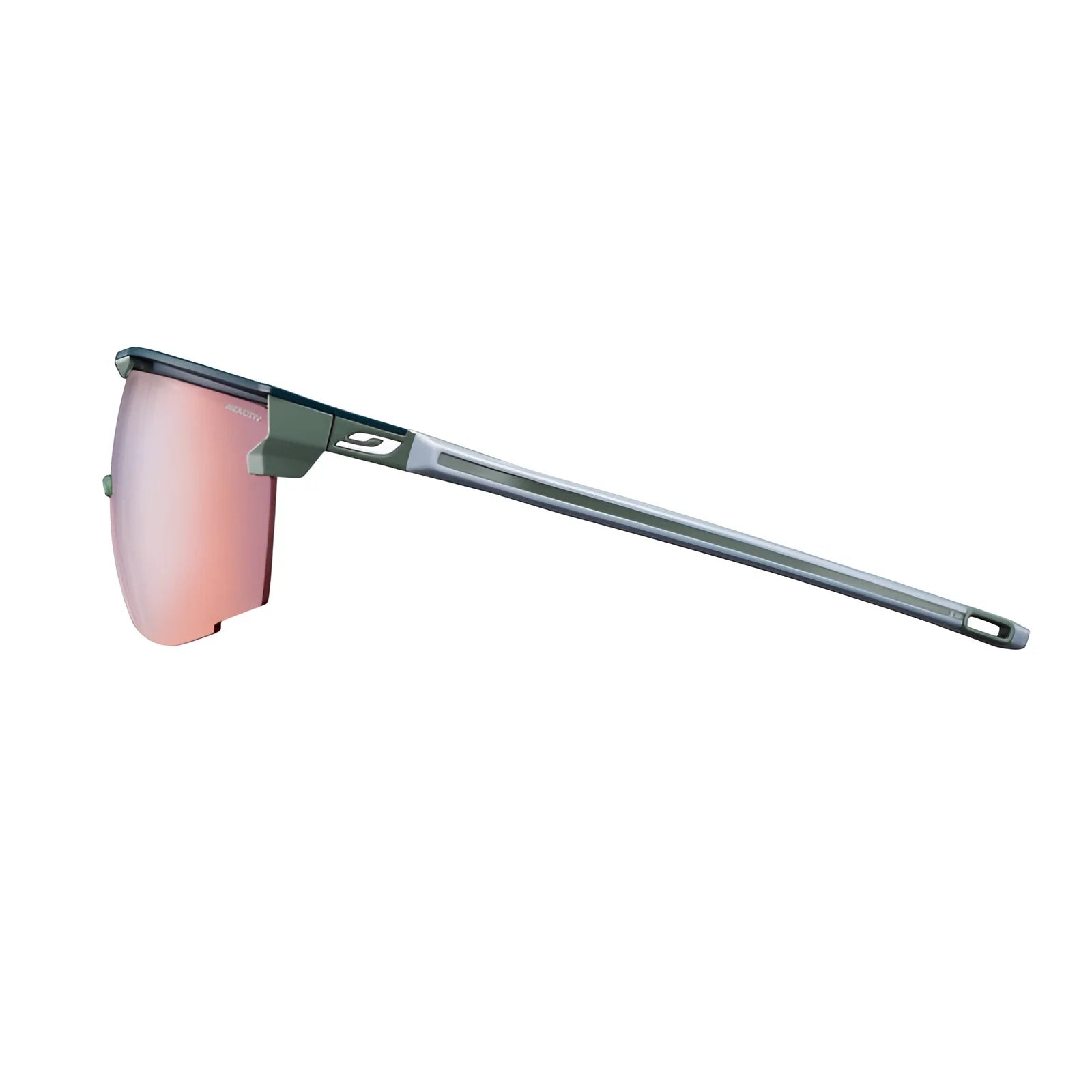 The Julbo Ultimate Sunglasses by Julbo feature a sleek design with a thin green frame and orange reflective panoramic lens, ensuring a secure fit for optimal freedom in sports.
