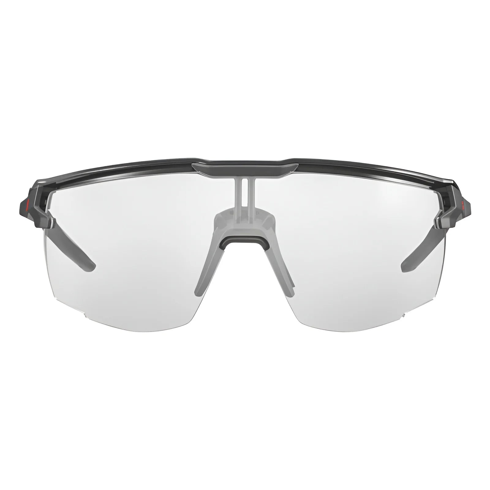 The Julbo Ultimate Sunglasses by Julbo are sporty gray sunglasses with a wraparound design and clear lenses, providing a secure fit for ultimate freedom in sports.