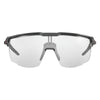 The Julbo Ultimate Sunglasses by Julbo are sporty gray sunglasses with a wraparound design and clear lenses, providing a secure fit for ultimate freedom in sports.
