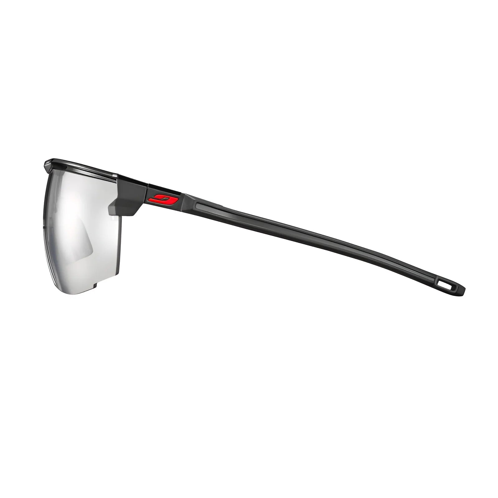 Side view of Julbo Ultimate Sunglasses, featuring sleek black design with panoramic tinted lenses and a small red logo, offering a secure fit for ultimate freedom in sports.