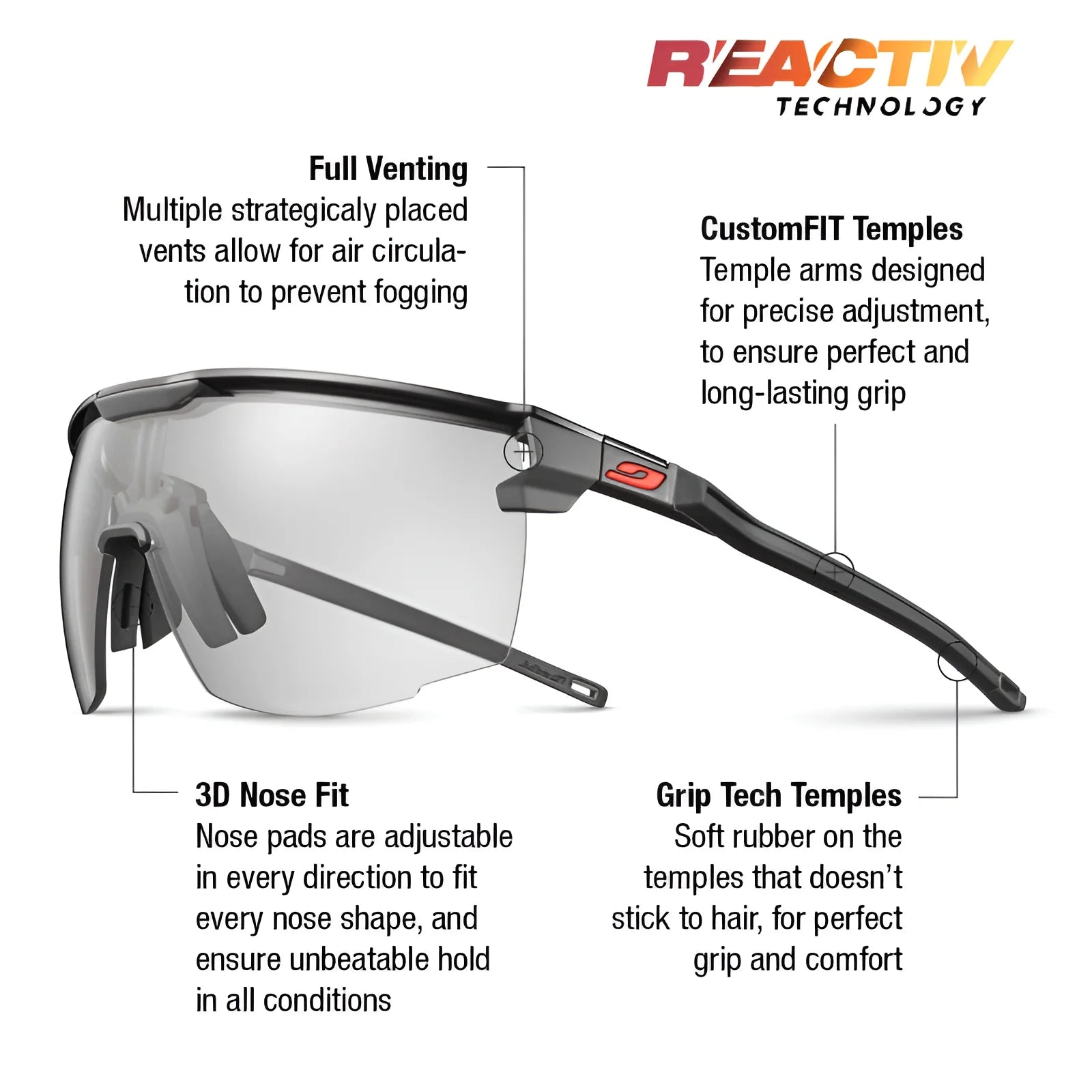 Experience unparalleled freedom in sport with Julbo Ultimate Sunglasses. Designed with a panoramic lens for wide views, custom-fit temples, and 3D nose technology ensure a secure fit. Enhanced by REACTIV, they offer full venting and grip tech temples for exceptional comfort.
