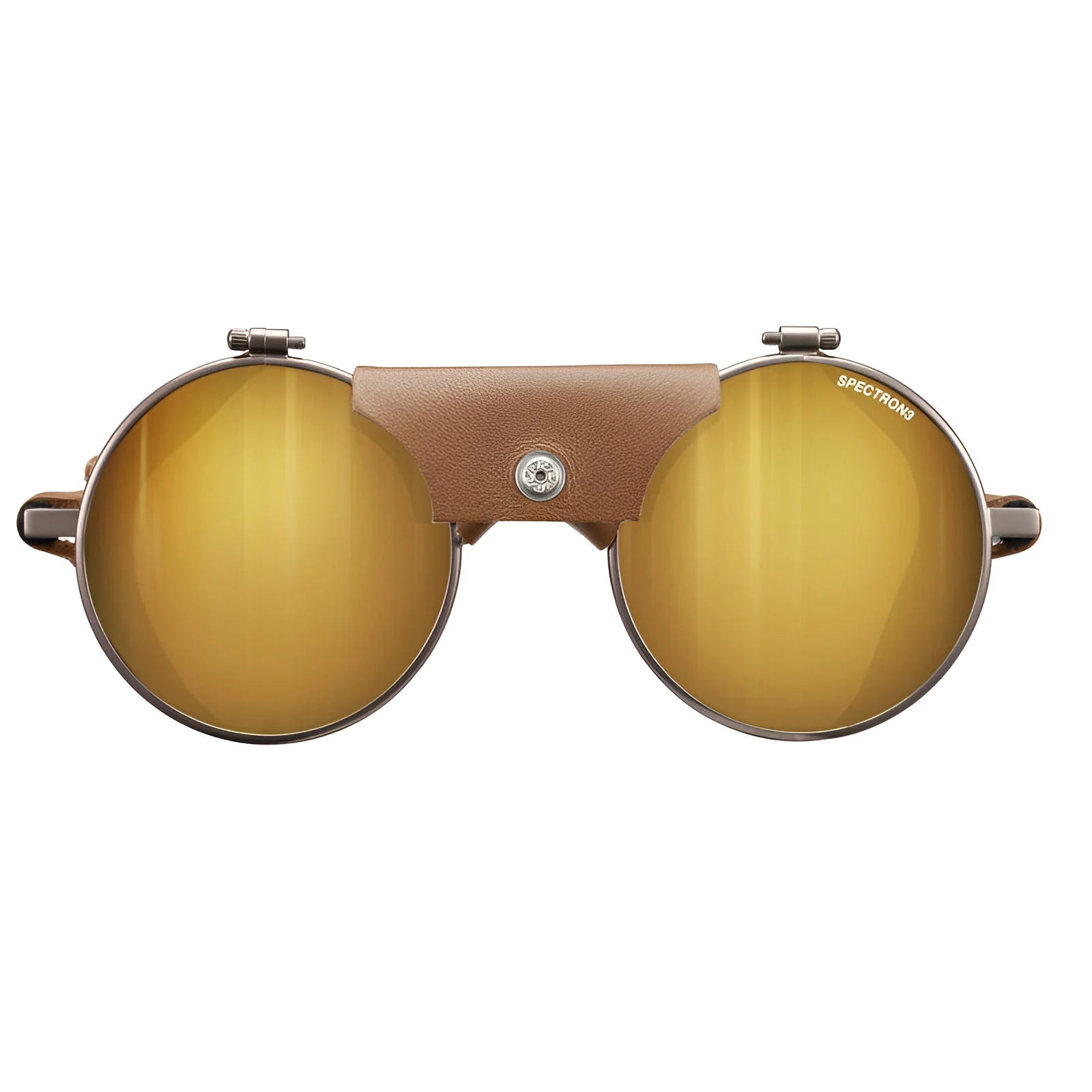 The Julbo Vermont Classic Sunglasses, Size 51, feature gold mirrored lenses and a brown leather bridge for a stylish nod to traditional mountaineering glasses.