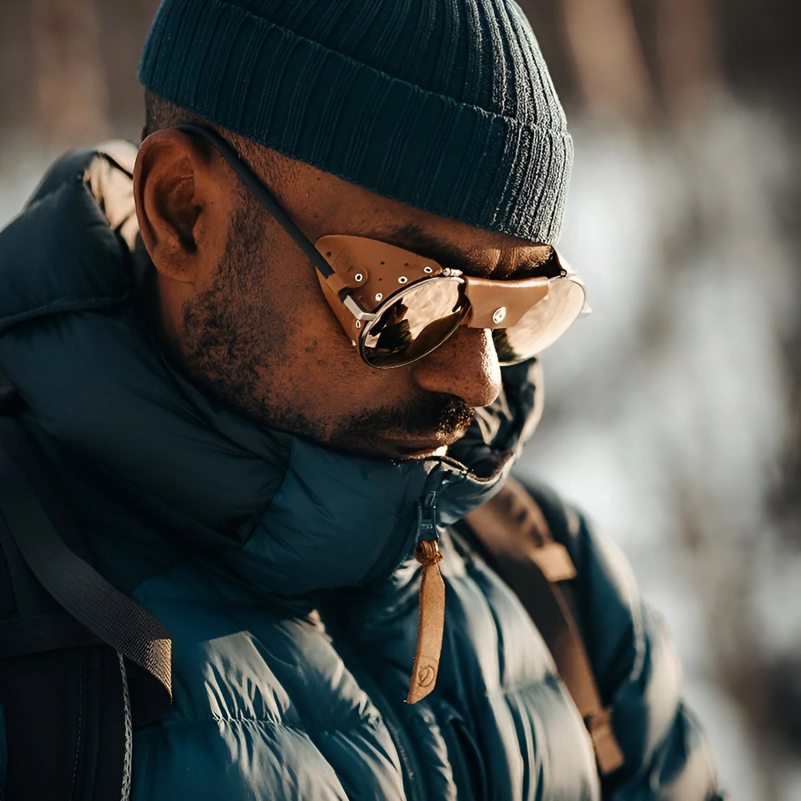 A person wearing Julbo Vermont Classic Sunglasses, a blue beanie, and a puffy jacket stands outdoors in cold weather.