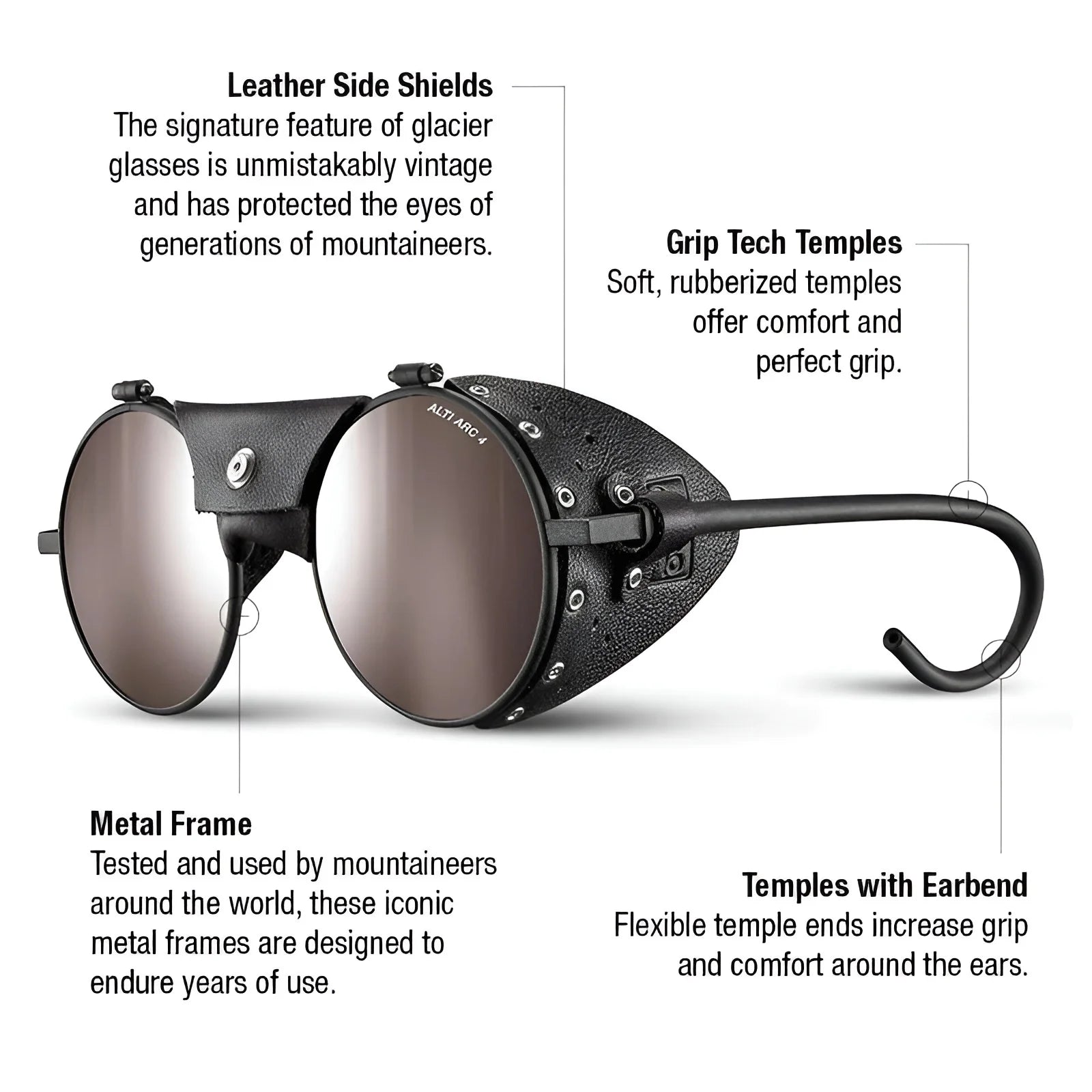 The Julbo Vermont Classic Sunglasses | Size 51 boast leather side shields, rubberized temples, a metal frame, and a flexible earpiece for comfort and durability—ideal mountaineering glasses for your next adventure.