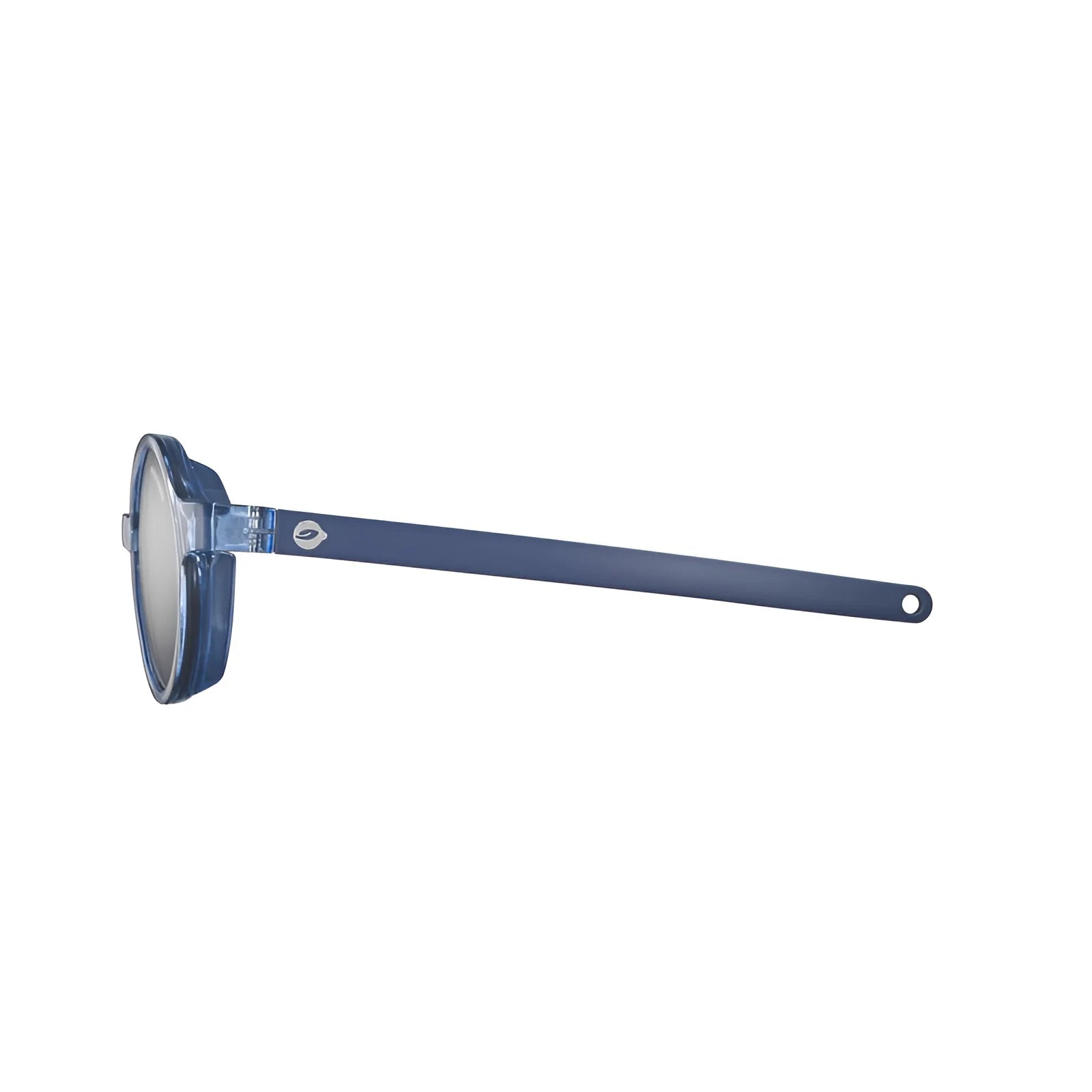 Julbo Walk Sunglasses | Size 39: Blue sunglasses featuring round frames, slim and durable arms, viewed from the side on a white background. Ideal kids' sunglasses with Spectron lenses for style and protection in one sleek design.