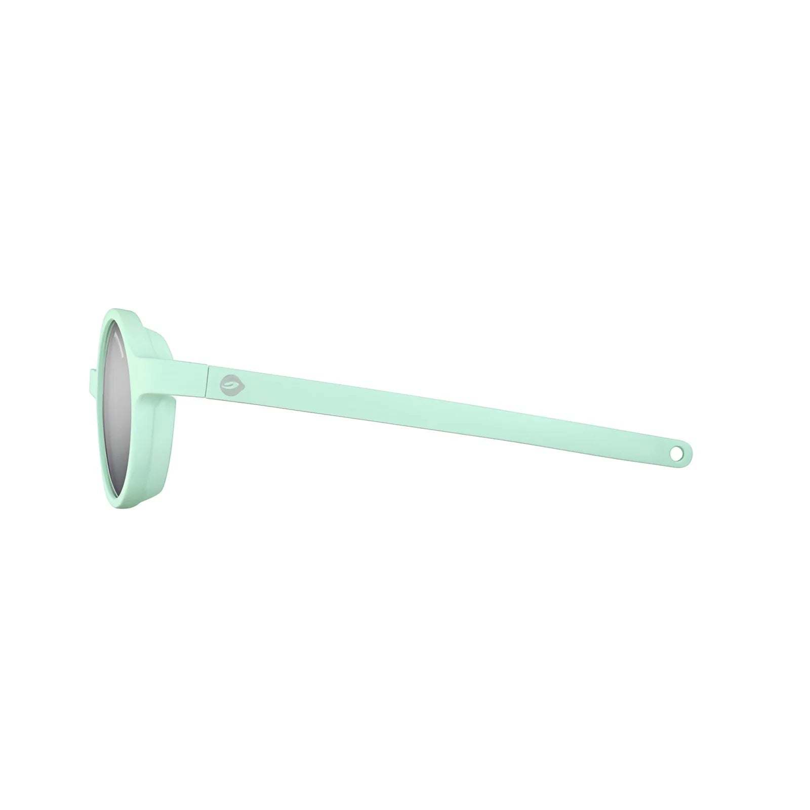 Side view of Julbo Walk Sunglasses in mint green for kids, featuring round Spectron lenses and a durable arm with a hole at the end. Size 39.