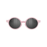 Julbo Walk Sunglasses Size 39 feature kids' round pink frames with durable dark Spectron lenses, displayed on a white background.