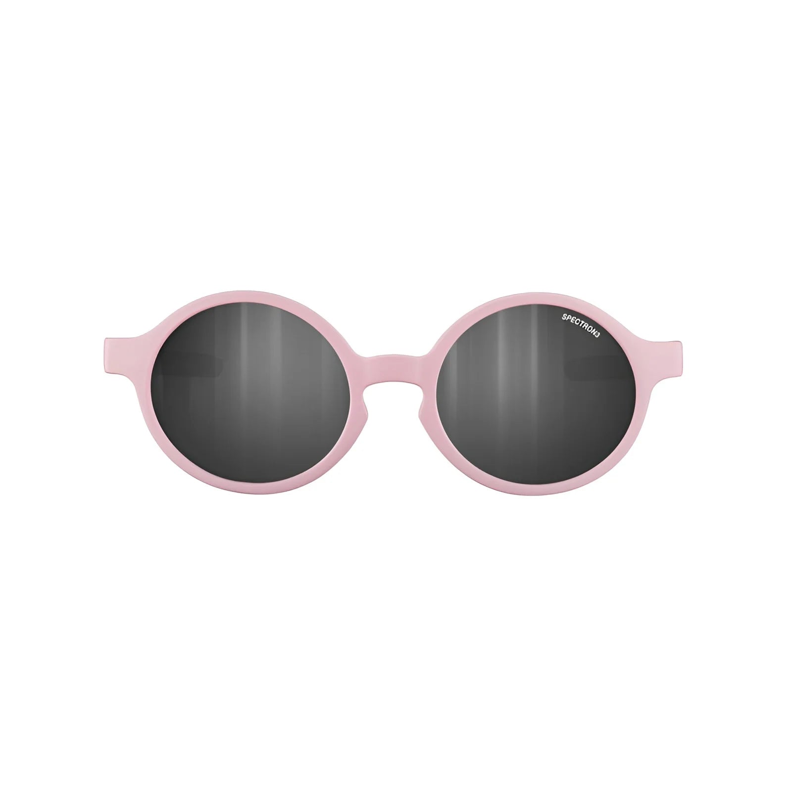 Julbo Walk Sunglasses Size 39 feature kids' round pink frames with durable dark Spectron lenses, displayed on a white background.