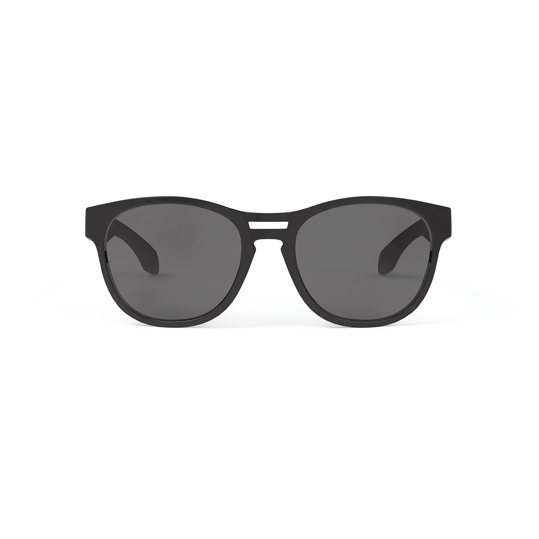 Rudy Project Spinair 56 Sunglasses in size 54, shown front-facing on a white background. Features dark lenses, soft rubber nosepads, and adjustable temple tips for enhanced comfort.