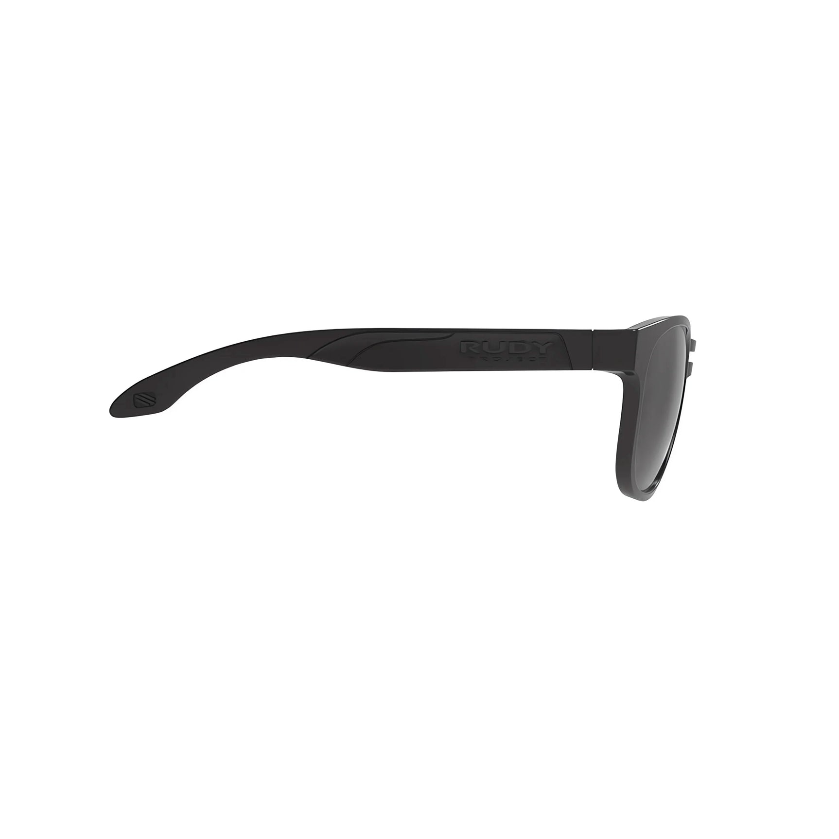 Side view of Rudy Project Spinair 56 Sunglasses | Size 54 in black, featuring dark lenses, soft rubber nosepads, and adjustable temple tips by Rudy Project, displayed on a white background.