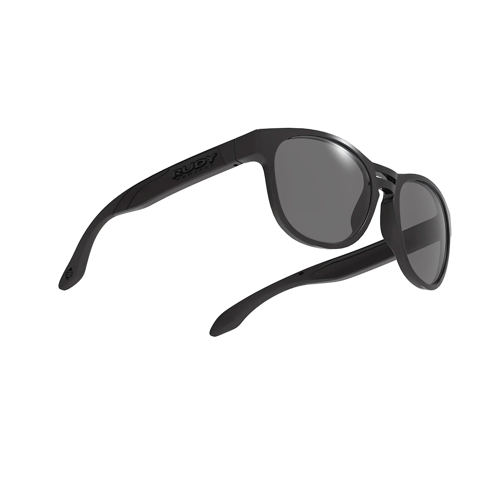 Rudy Project Spinair 56 Sunglasses | Size 54 by Rudy Project, black with dark lenses and slightly curved arms, feature soft rubber nosepads for comfort and are shown from an angle on a white background.