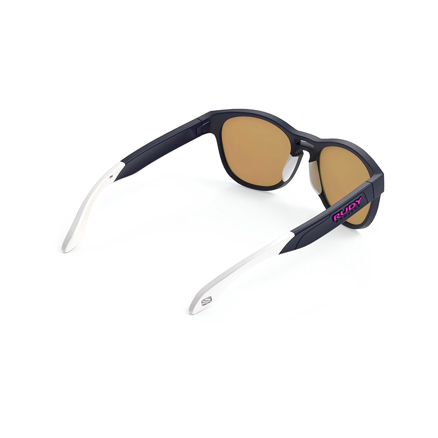 Rudy Project Spinair 56 Sunglasses (Size 54) feature brown lenses, white arms, and a "RUDY" logo in pink and blue. Soft rubber nosepads and adjustable temple tips ensure comfort and a personalized fit.