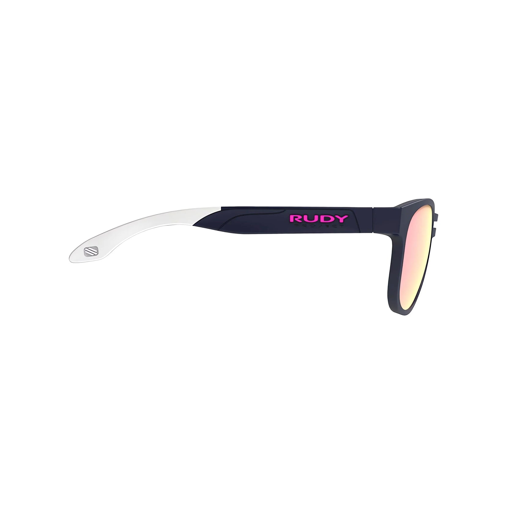 Side view of Rudy Project Spinair 56 Sunglasses | Size 54 in black and white, featuring pink "RUDY" text, reflective lenses, adjustable temple tips, and soft rubber nosepads against a white background.