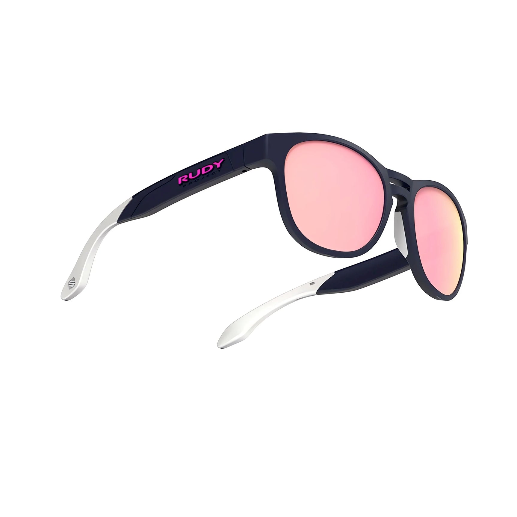 Rudy Project Spinair 56 Sunglasses in black and white, size 54, with pink mirrored lenses, "RUDY" logo on the side, adjustable temple tips, and soft rubber nosepads for comfort.