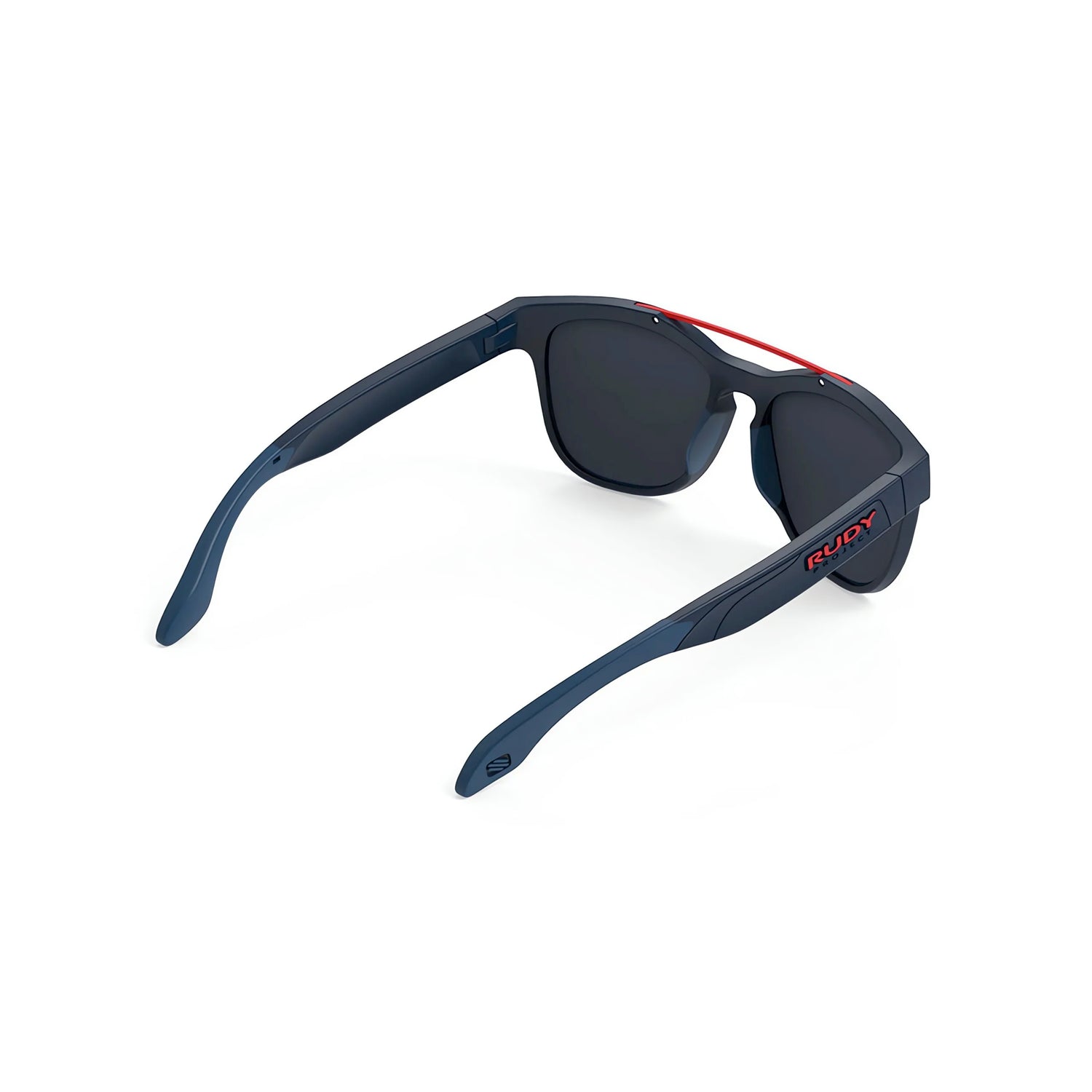Rudy Project Spinair 59 Sunglasses (Size 52) feature a sleek dark frame with red accents and "Rudy" logo on the arms, viewed from the rear—designed for an active lifestyle with advanced performance features.