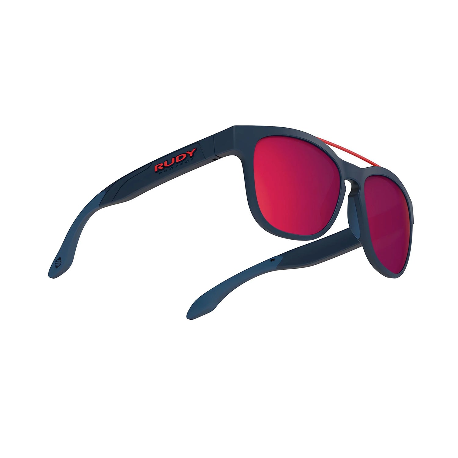 Rudy Project Spinair 59 Sunglasses | Size 52 in blue with red mirrored lenses, angled on a white background—perfect for an active lifestyle.