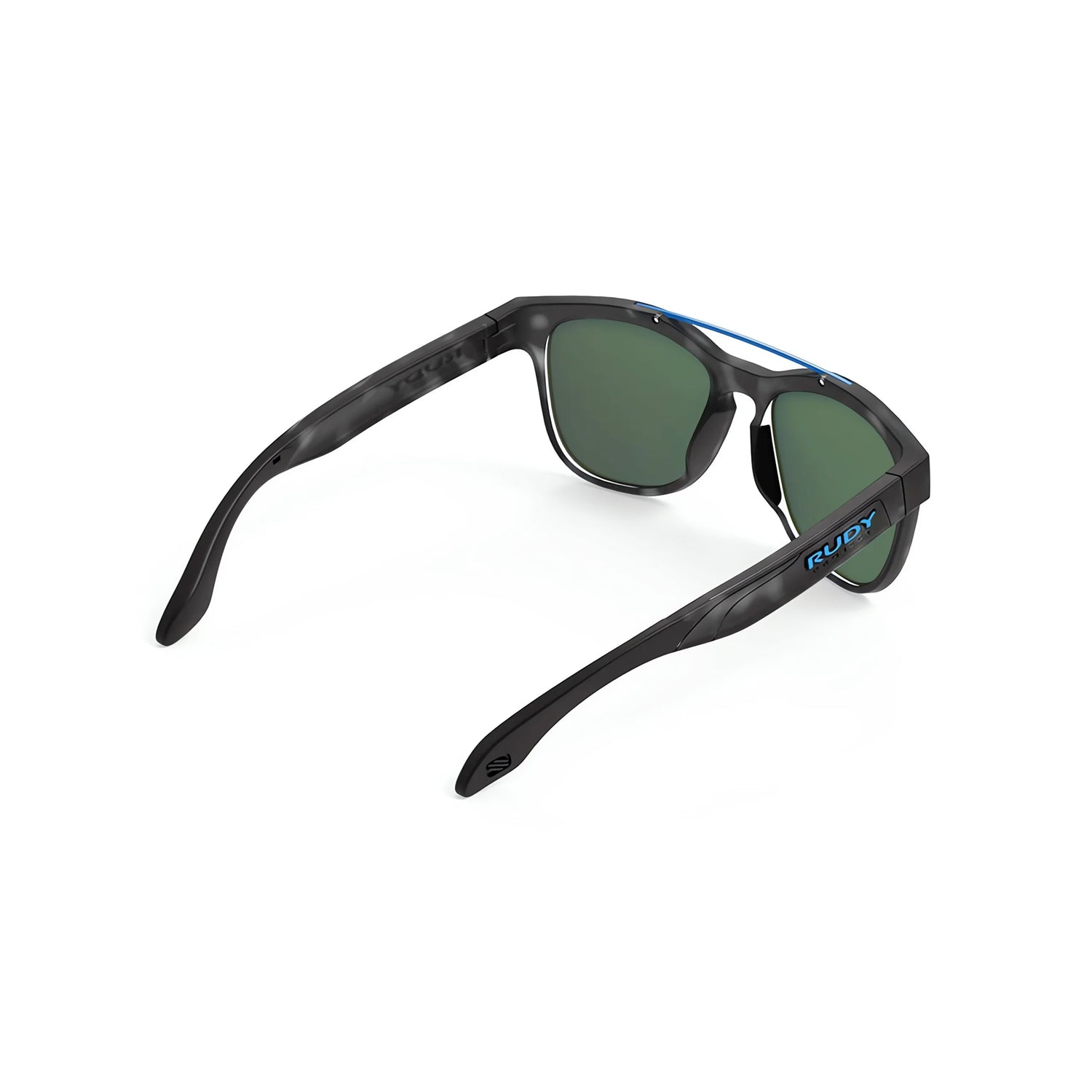 Rudy Project Spinair 59 Sunglasses in size 52, featuring green lenses and blue accents, are shown from the back and slightly above on a white background, highlighting their active lifestyle design.