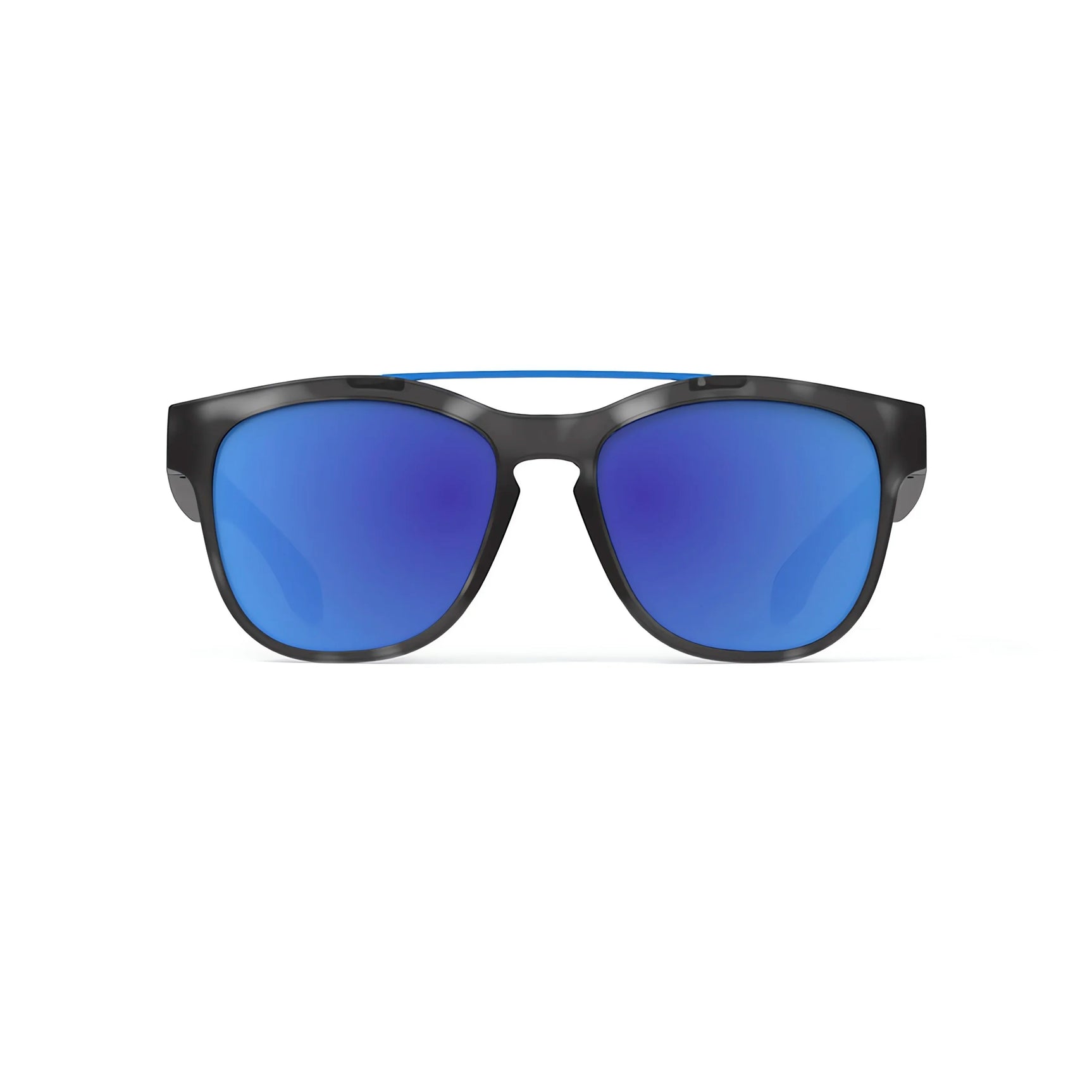 Rudy Project Spinair 59 Sunglasses (Size 52) by Rudy Project shown from the front with blue mirrored lenses on a white background. Designed for an active lifestyle, these shades blend bold style and reliable performance.