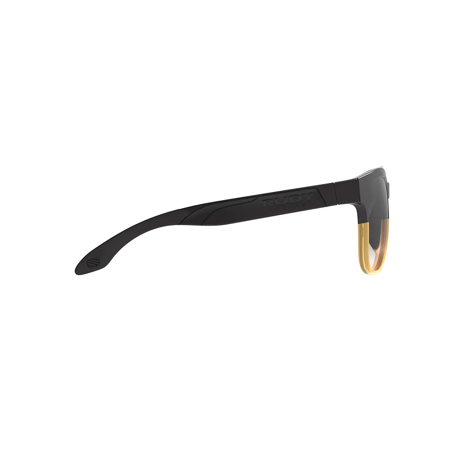 Side view of Rudy Project Spinair 59 Sunglasses | Size 52, black and gold, with curved arms, clear gold nose pad, and performance features ideal for an active lifestyle.