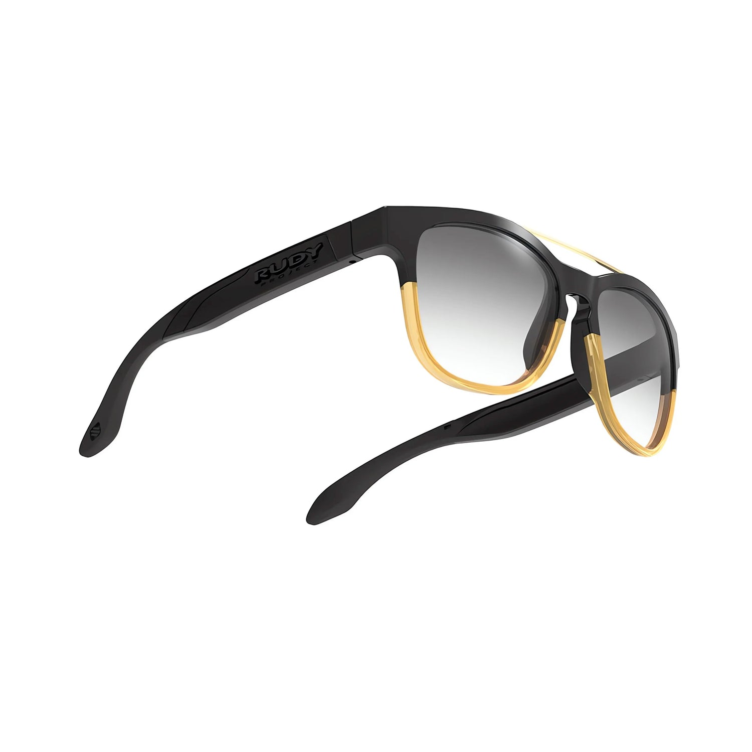 Rudy Project Spinair 59 Sunglasses in black and gold with gradient lenses, size 52, designed for an active lifestyle, shown from the side and slightly behind on a white background.
